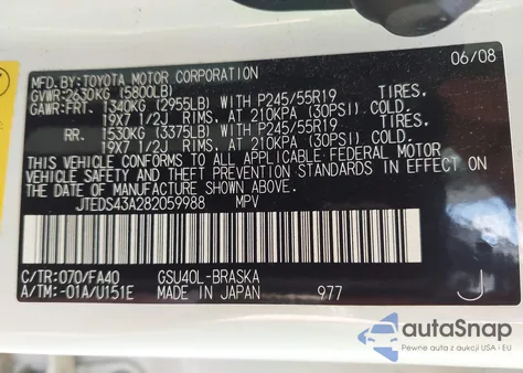 2008 Toyota Highlander Sport from USA, damaged, VIN JTEDS43A282059988